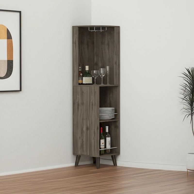 Armario bar esquinero de madera marrón oscuro con un cajón
