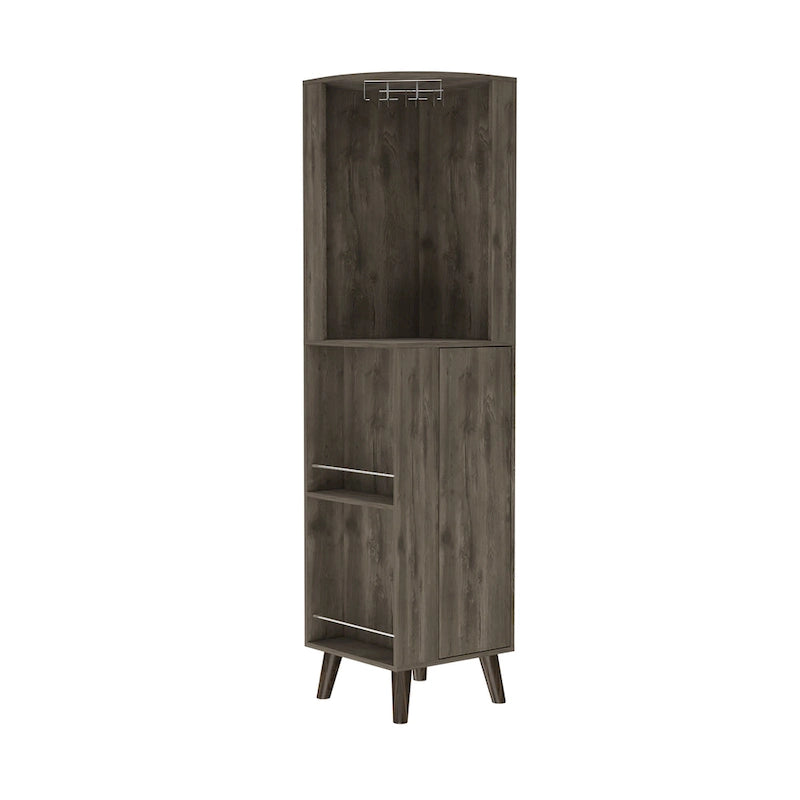 Armario bar esquinero de madera marrón oscuro con un cajón