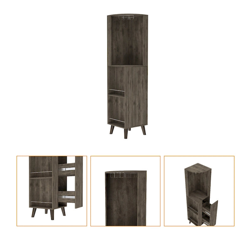 Armario bar esquinero de madera marrón oscuro con un cajón