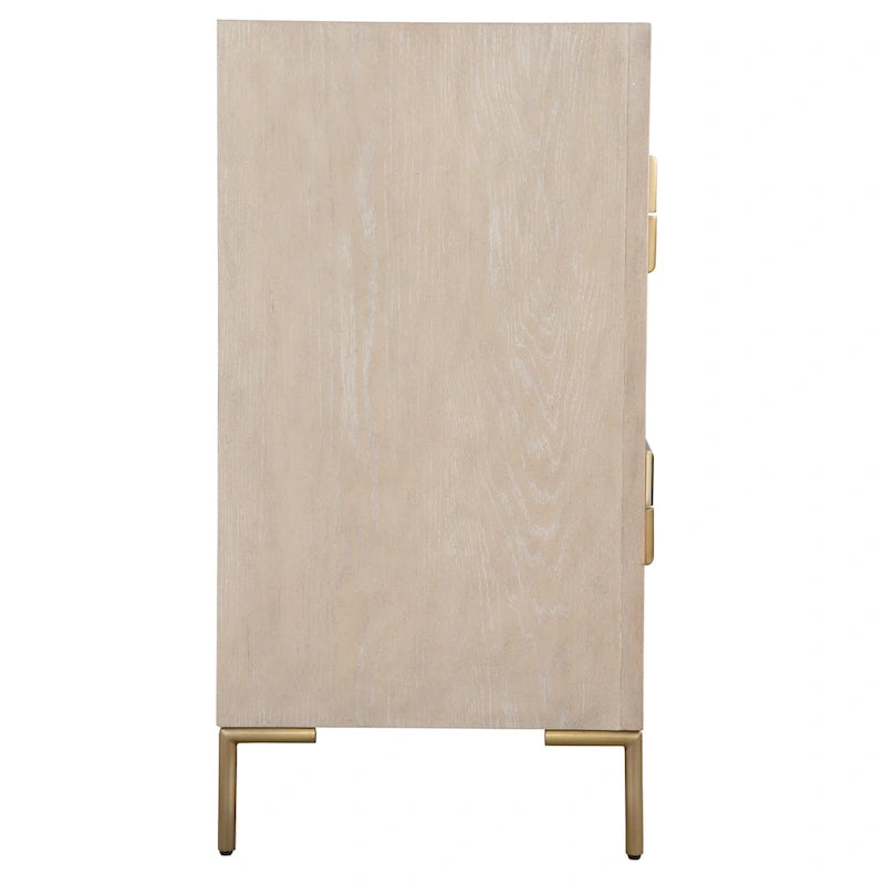Cómoda auxiliar de madera con cuatro cajones en beige y dorado