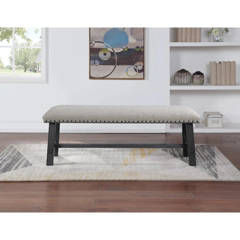 OS Home and Office Furniture Callen Bench with Antique Grey Frame and Antique Bronze Nailhead Trim in Grey Fabric