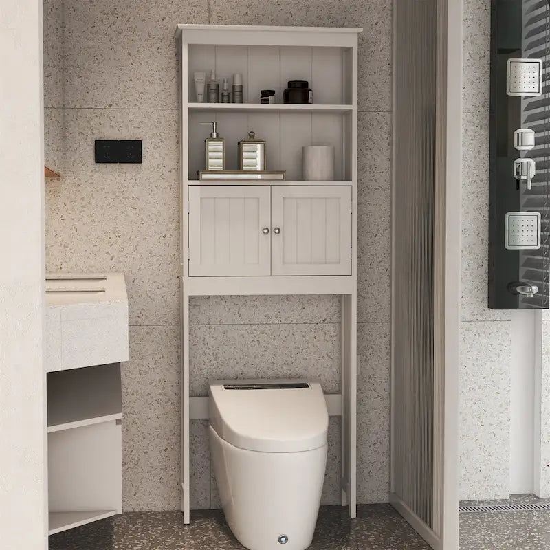Weißer zweistöckiger Badezimmerschrank zur Aufbewahrung über der Toilette