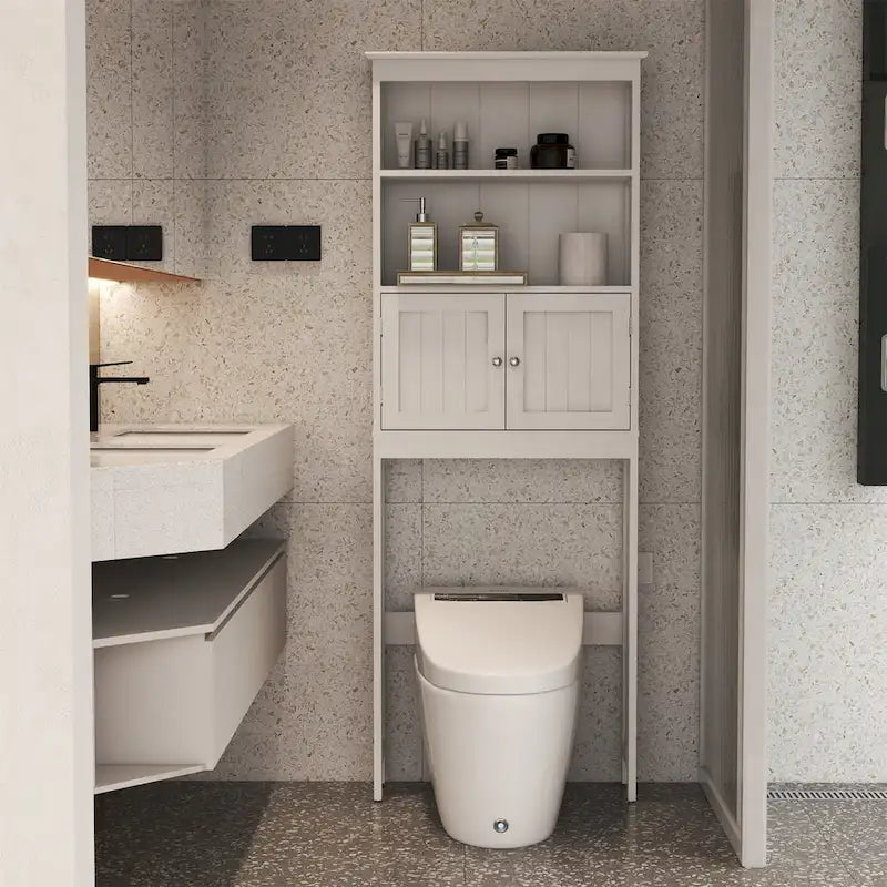 Weißer zweistöckiger Badezimmerschrank zur Aufbewahrung über der Toilette