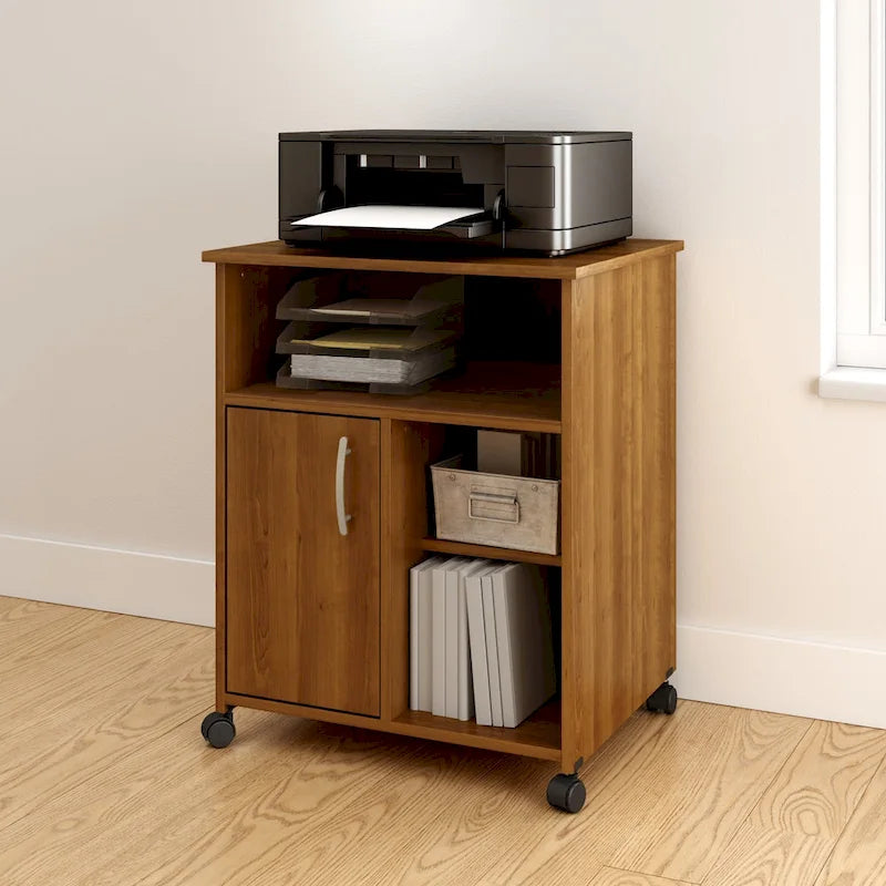 Soporte contemporáneo con ruedas para impresora, estantes ajustables y armario de almacenamiento