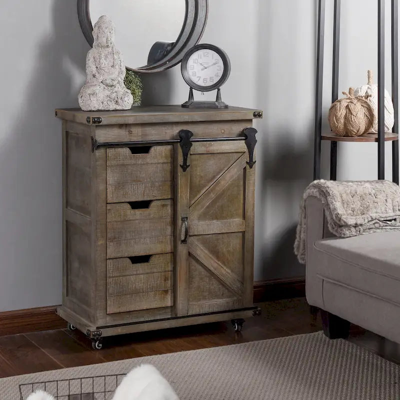 Πλευρικό ντουλάπι Driftwood Grey με 3 συρτάρια και συρόμενη πόρτα τύπου αχυρώνα