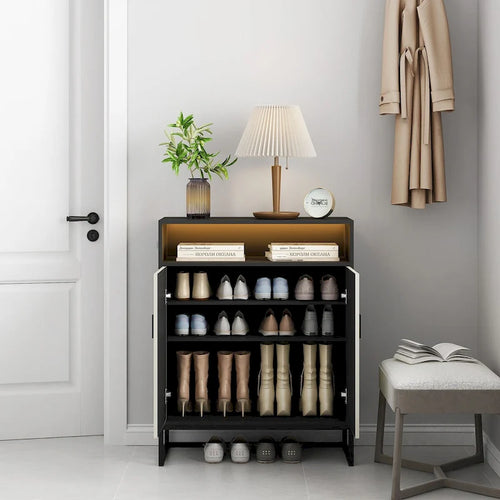 5-Tier Wooden Shoe Cabinet with Doors and Open Shelves