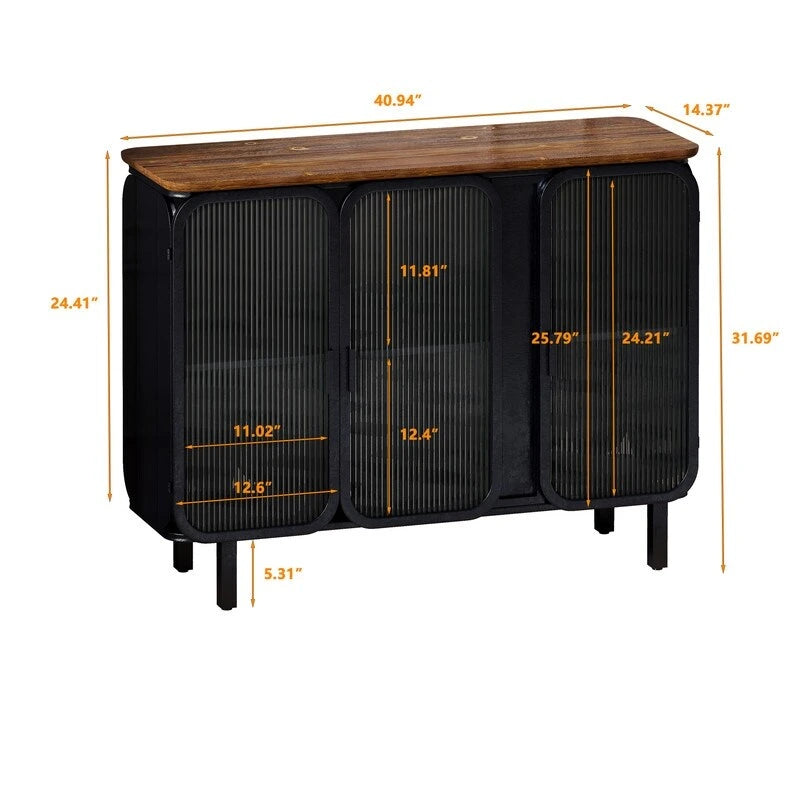 Armario auxiliar vintage con puertas de vidrio estriado y estantes de almacenamiento