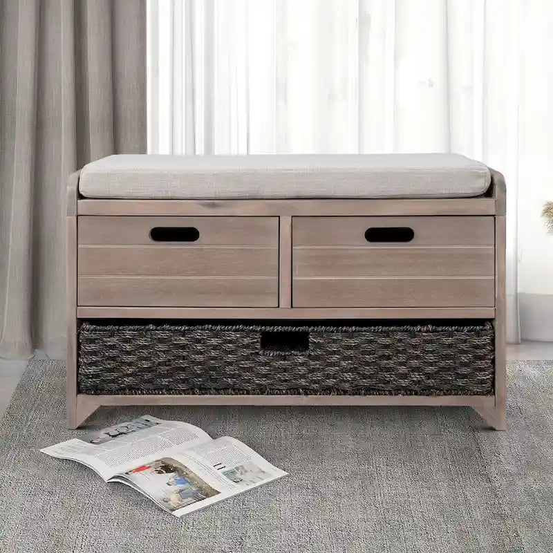 Banco moderno de almacenamiento de madera estilo granja con cajones y cesta tejida