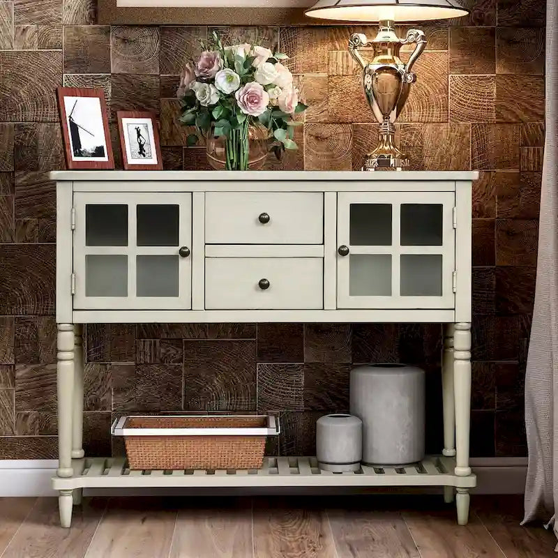 Mesa consola aparador de madera y vidrio estilo granja con estante inferior