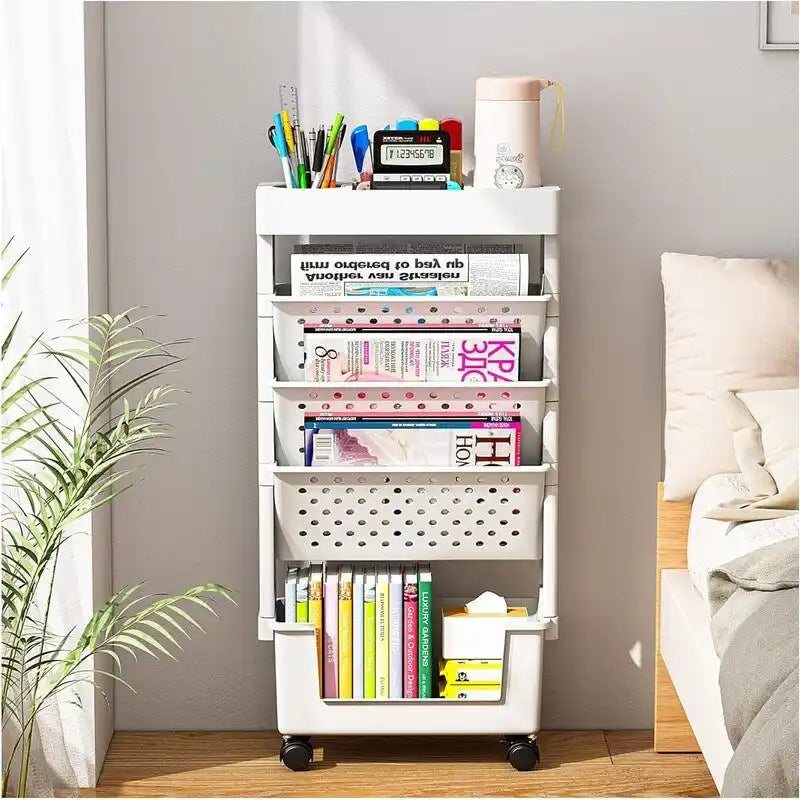 Organizador de archivos blanco con ruedas y cinco niveles