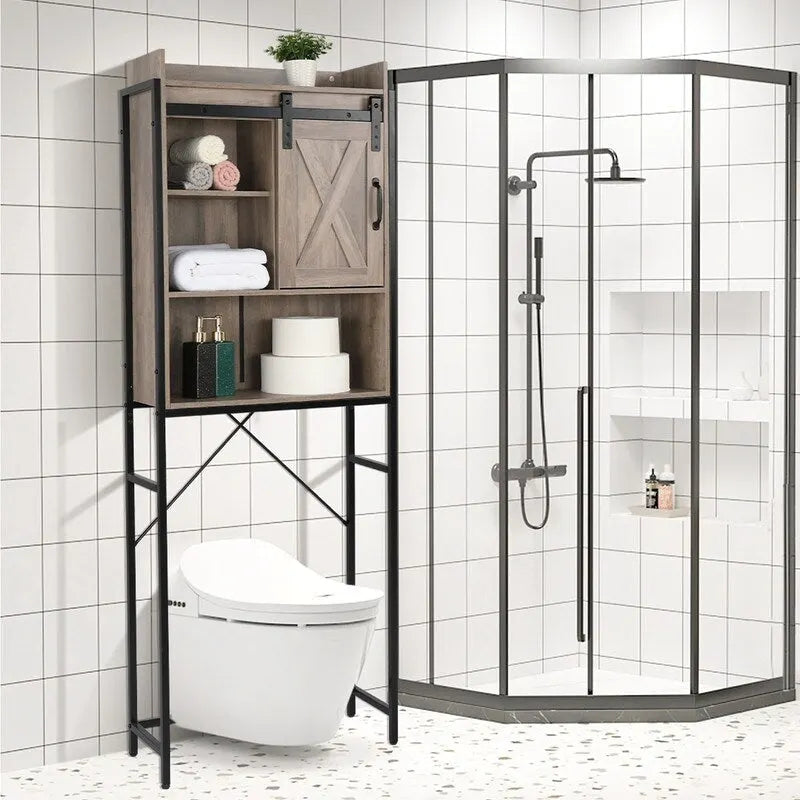 Armario de baño de MDF gris con puerta corrediza y estantes de tres niveles