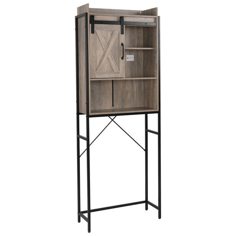 Armario de baño de MDF gris con puerta corrediza y estantes de tres niveles