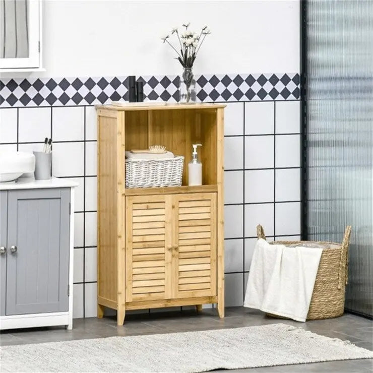 Armario de suelo para baño de bambú natural con estante ajustable