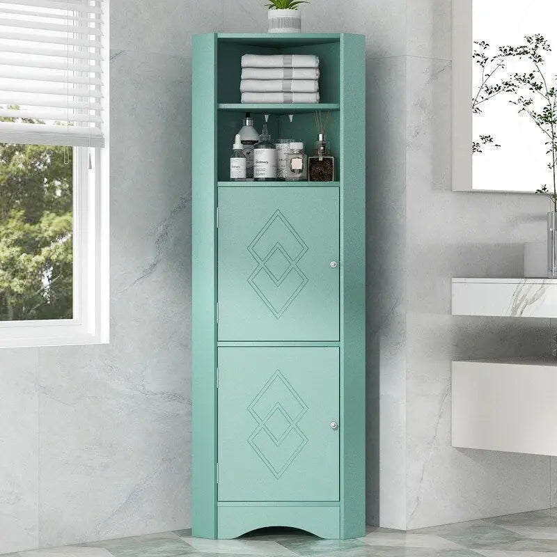 Tall Freestanding Bathroom Corner Cabinet with Doors and Adjustable Shelves
