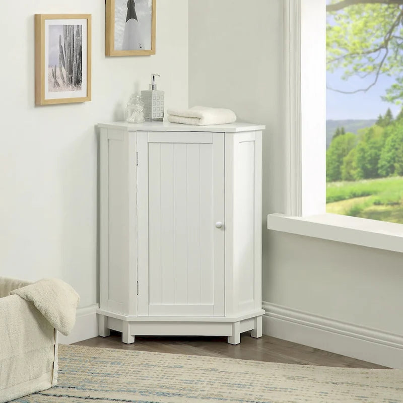 Armario esquinero triangular blanco para baño con estantes ajustables