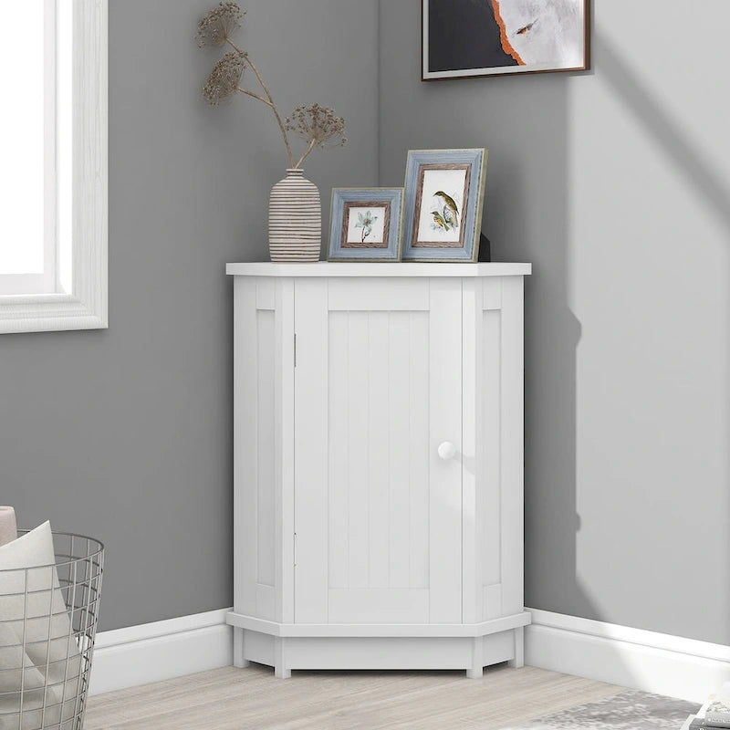 Armario esquinero triangular blanco para baño con estantes ajustables
