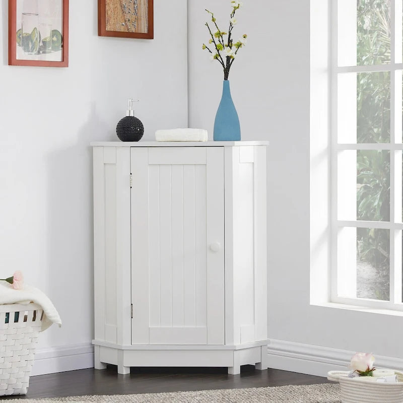 Armario esquinero triangular blanco para baño con estantes ajustables