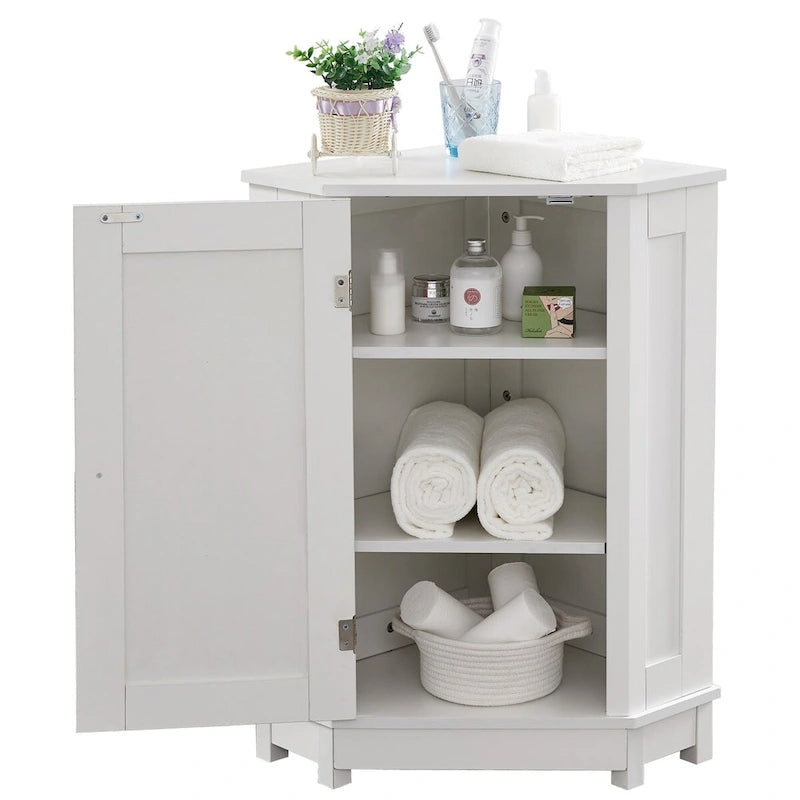 Armario esquinero triangular blanco para baño con estantes ajustables