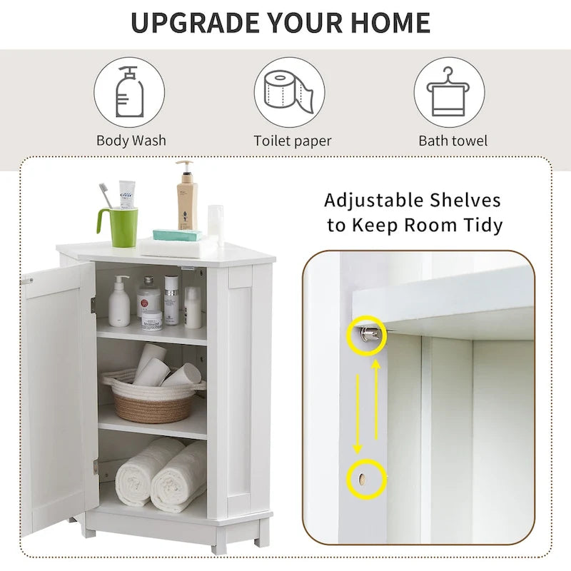 Armario esquinero triangular blanco para baño con estantes ajustables